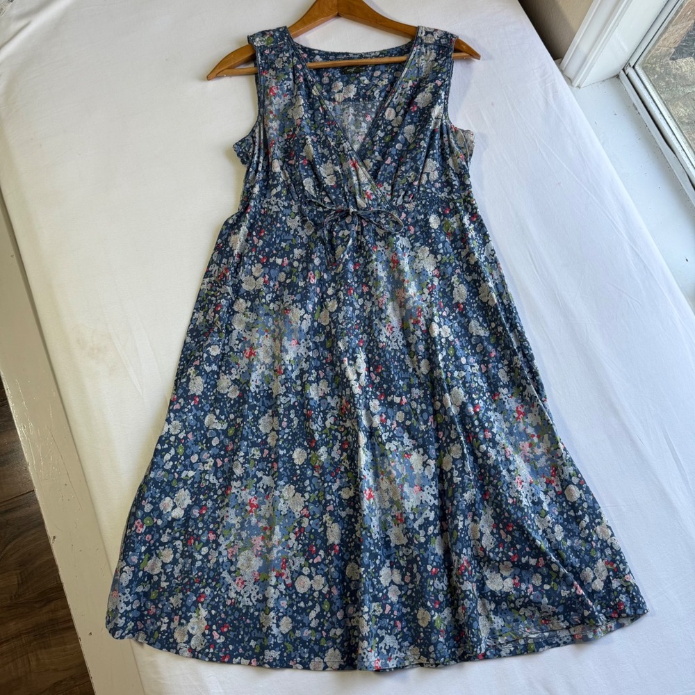 Eddie Bauer Blue Floral Cotton Sleeveless Faux Wrap Midi Dress Small Butter Mom